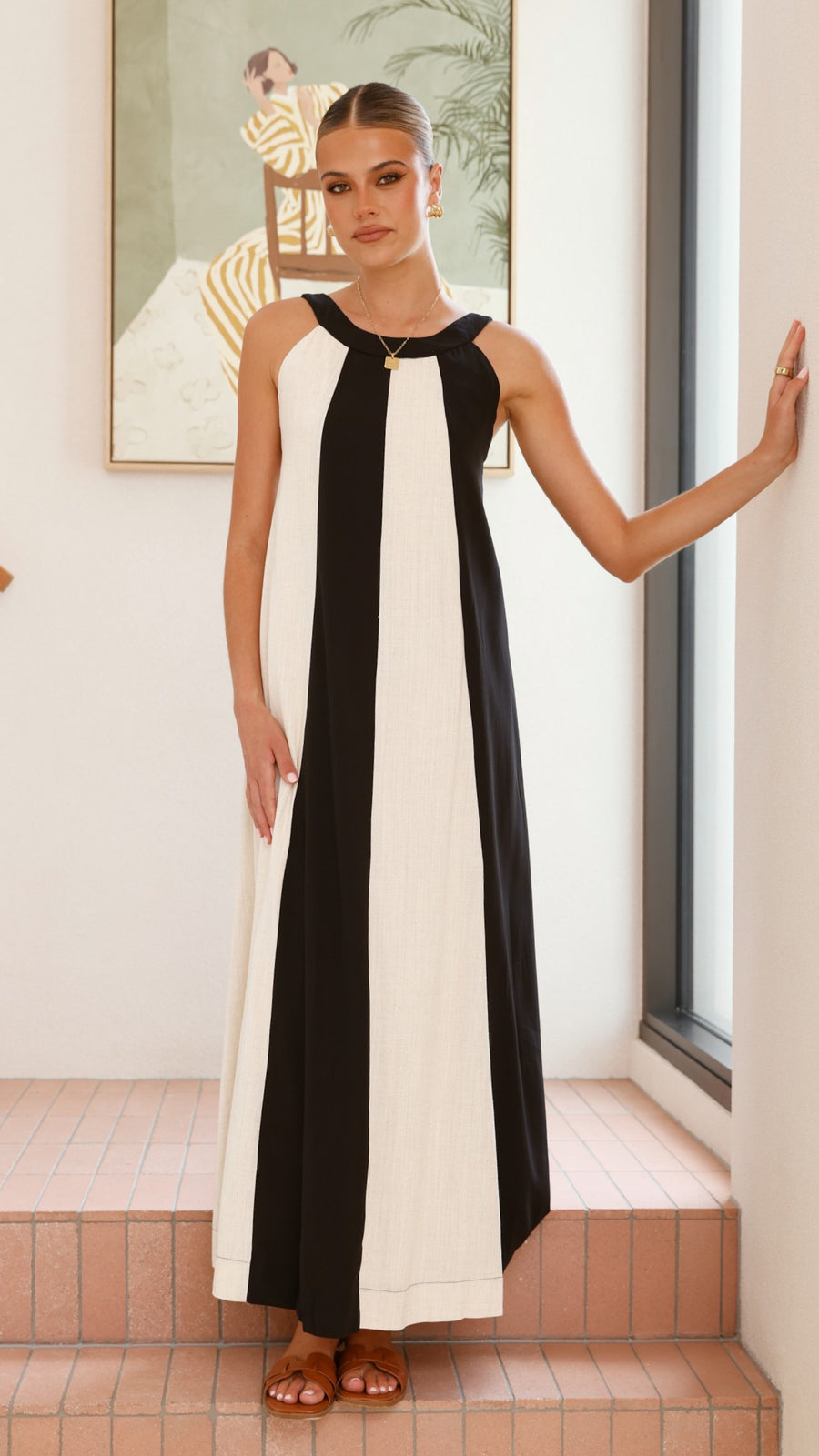Black and white colorblock linen dress with gathered neckline and wide straps