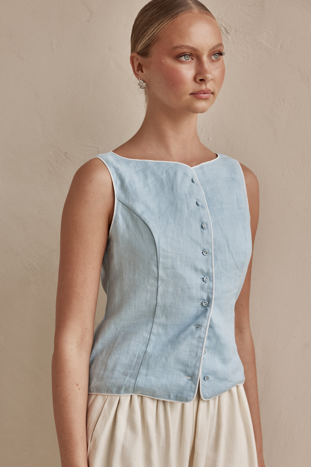 Linen Vest - Sky Blue Sleeveless for Women | Linen Vest Womens