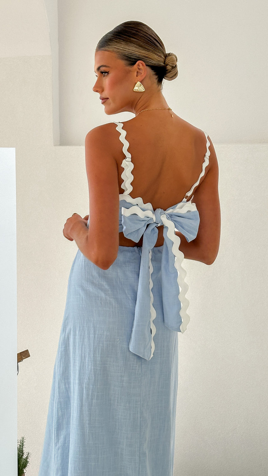 Linen Dress - Sky Blue Linen Maxi Dress with Tie-Up Back for Women