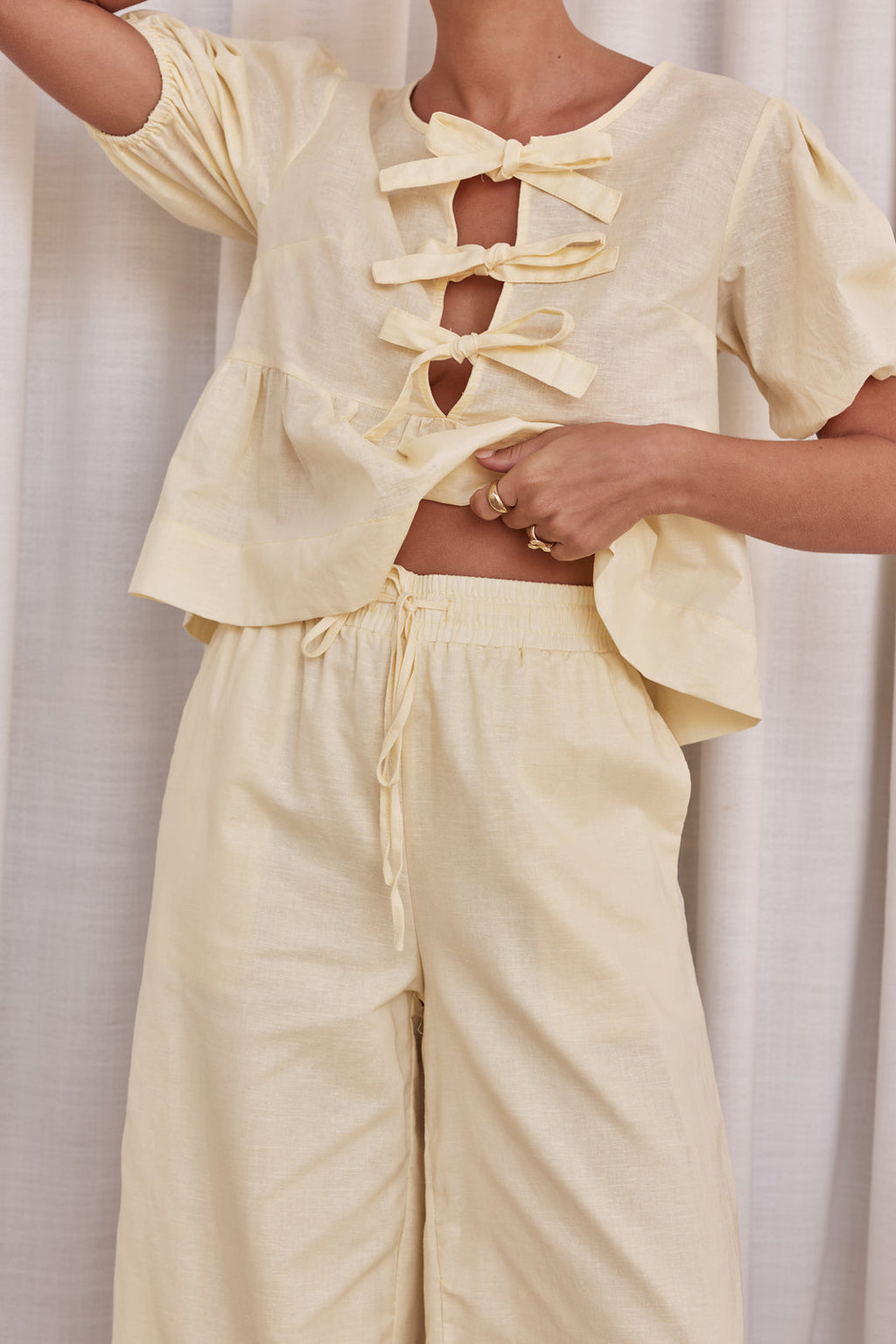 Co Ord Set - White Linen Two-Piece Peplum Top & Plazo for Women