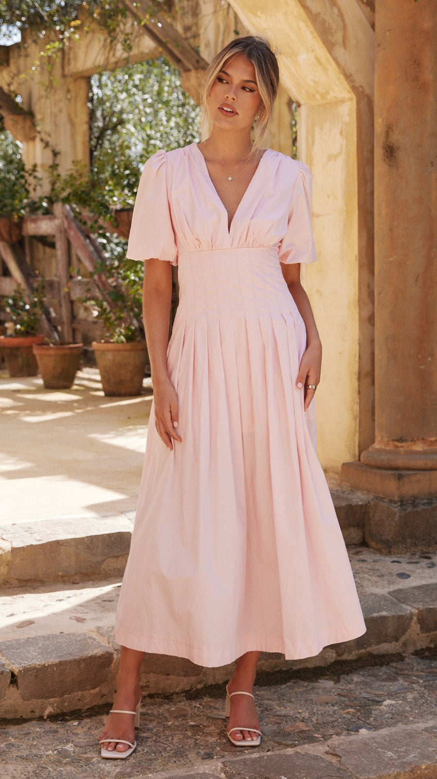 Baby pink cotton poplin maxi dress with puff sleeves and pleated skirt