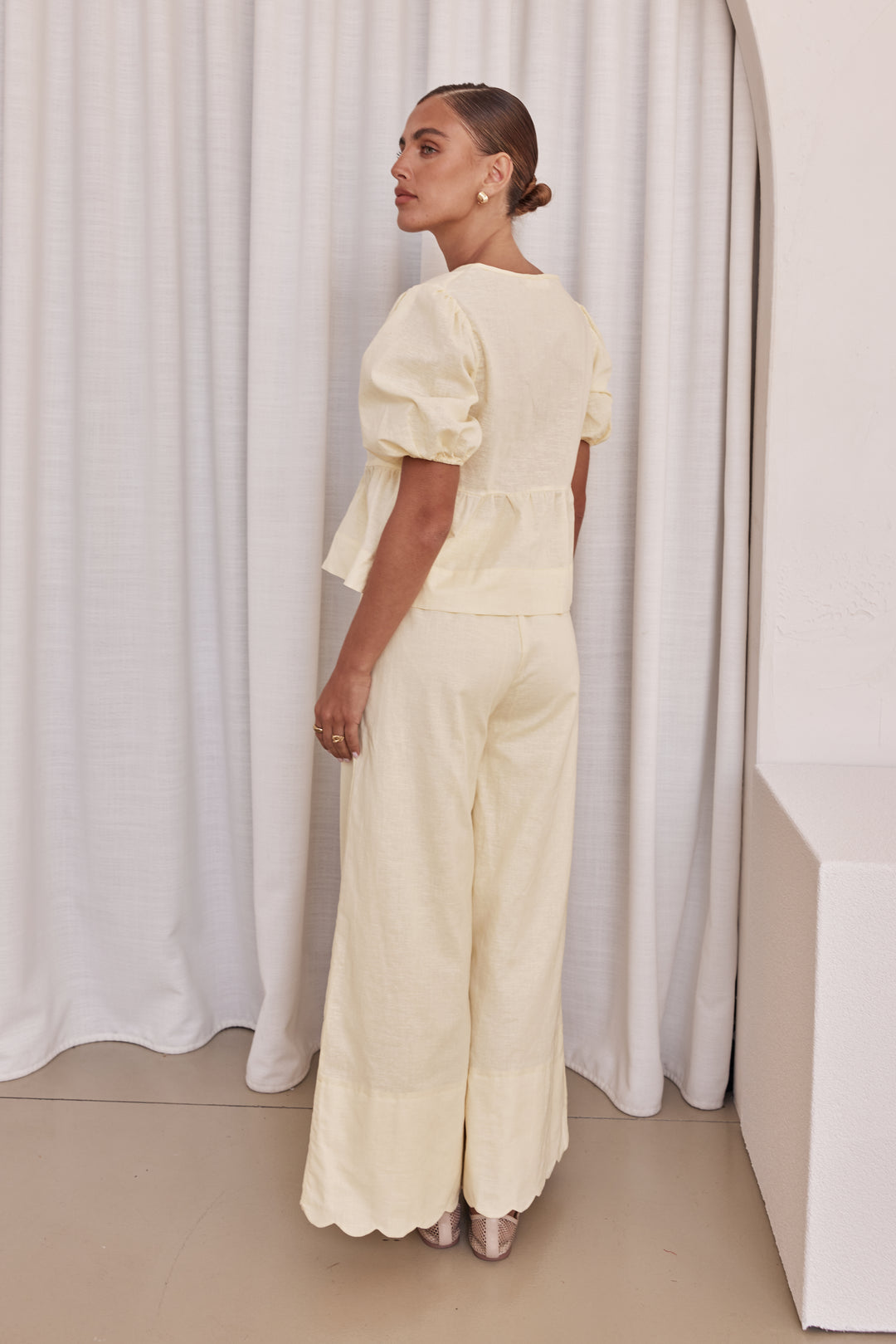 Co Ord Set - White Linen Two-Piece Peplum Top & Plazo for Women