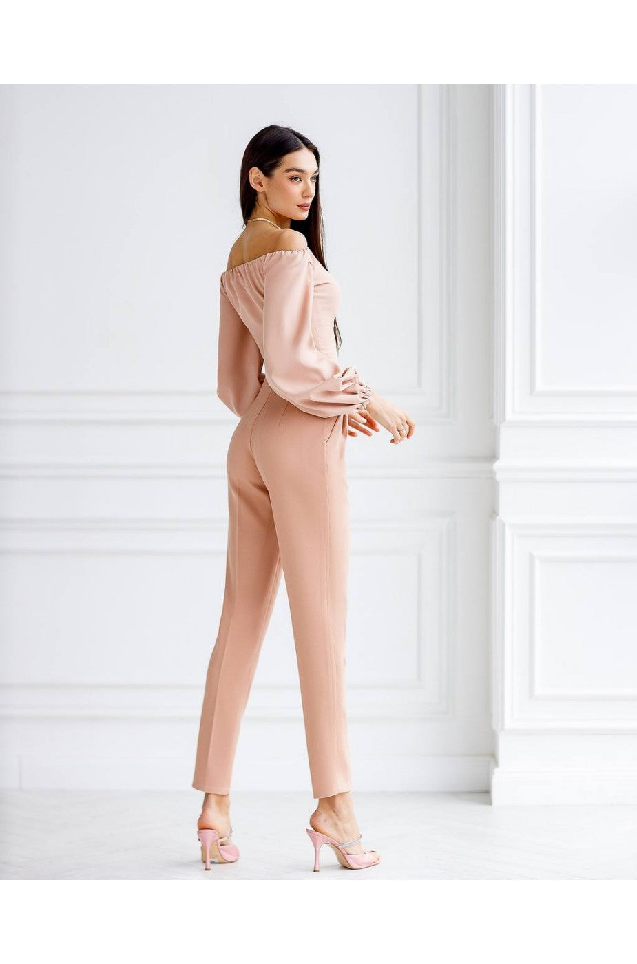 Peach off-shoulder crop top with puff sleeves for women