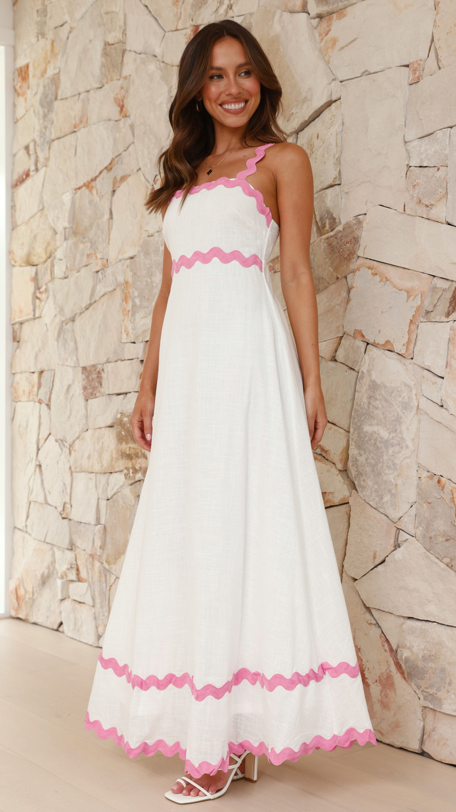 White Maxi Dress with Pink Zigzag Trim
