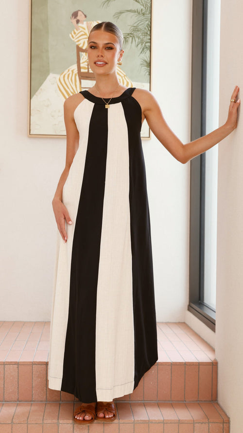 Black and white colorblock linen dress with gathered neckline and wide straps