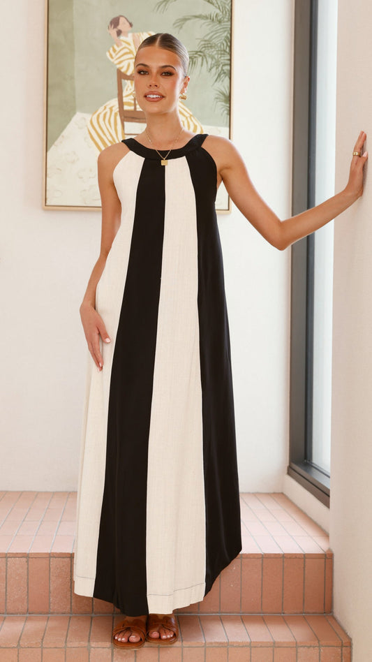 Black and white colorblock linen dress with gathered neckline and wide straps
