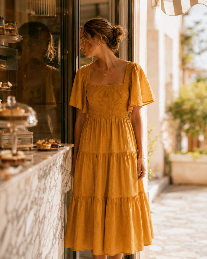 Abito lungo in lino nero con arricciatura e maniche a palloncino lifestyle