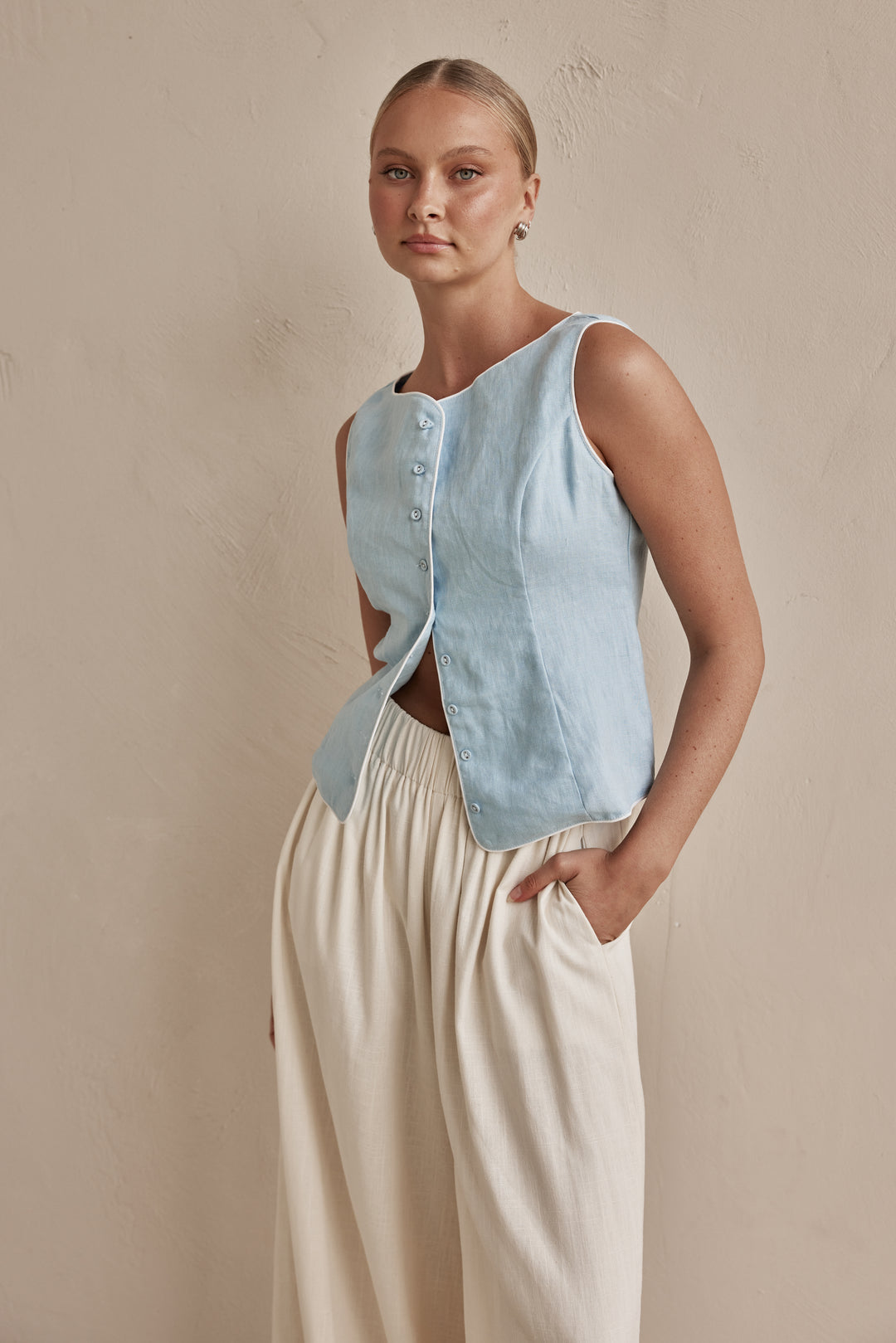 Linen Vest - Sky Blue Sleeveless for Women | Linen Vest Womens