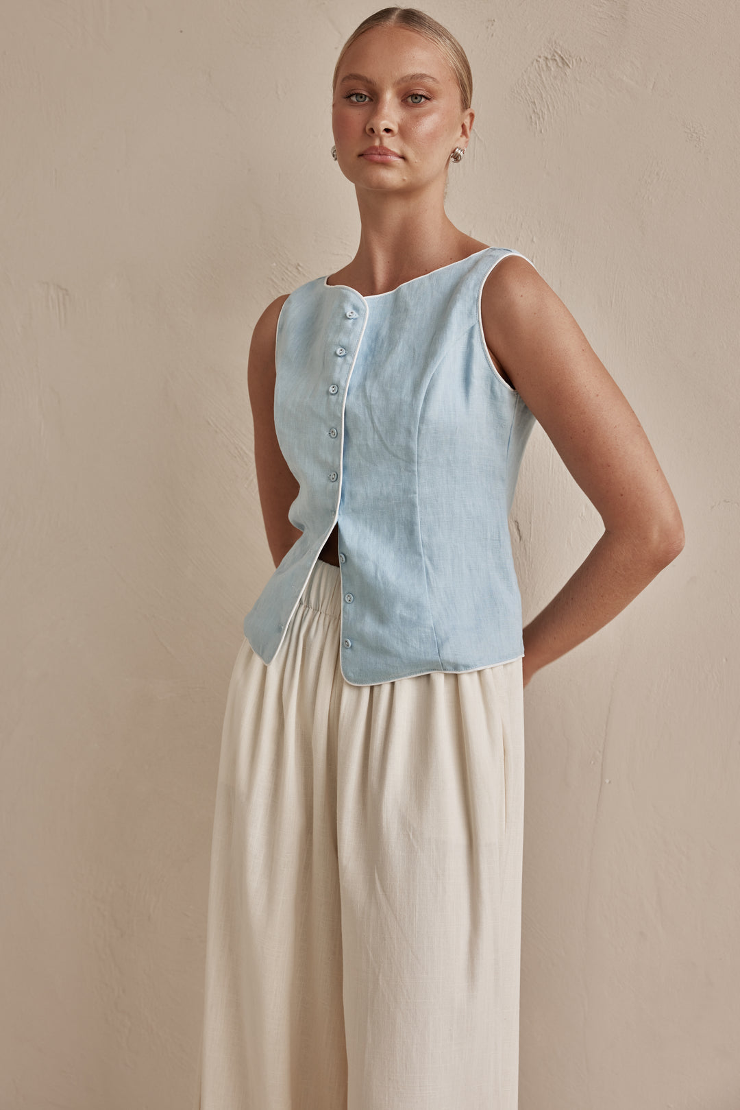 Linen Vest - Sky Blue Sleeveless for Women | Linen Vest Womens