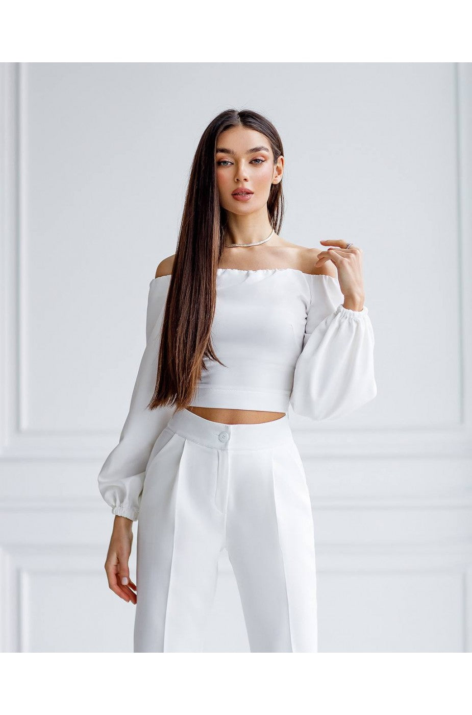 White off-shoulder crop top with puff sleeves for women