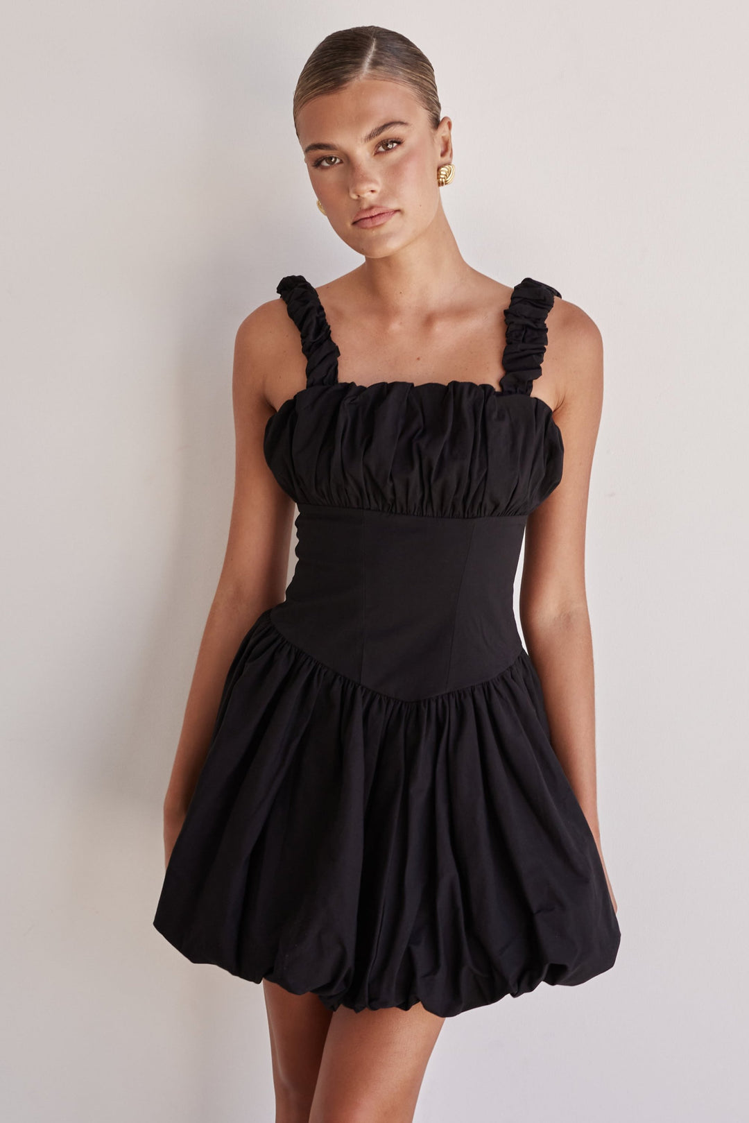 Black cotton poplin bubble mini dress with ruched straps