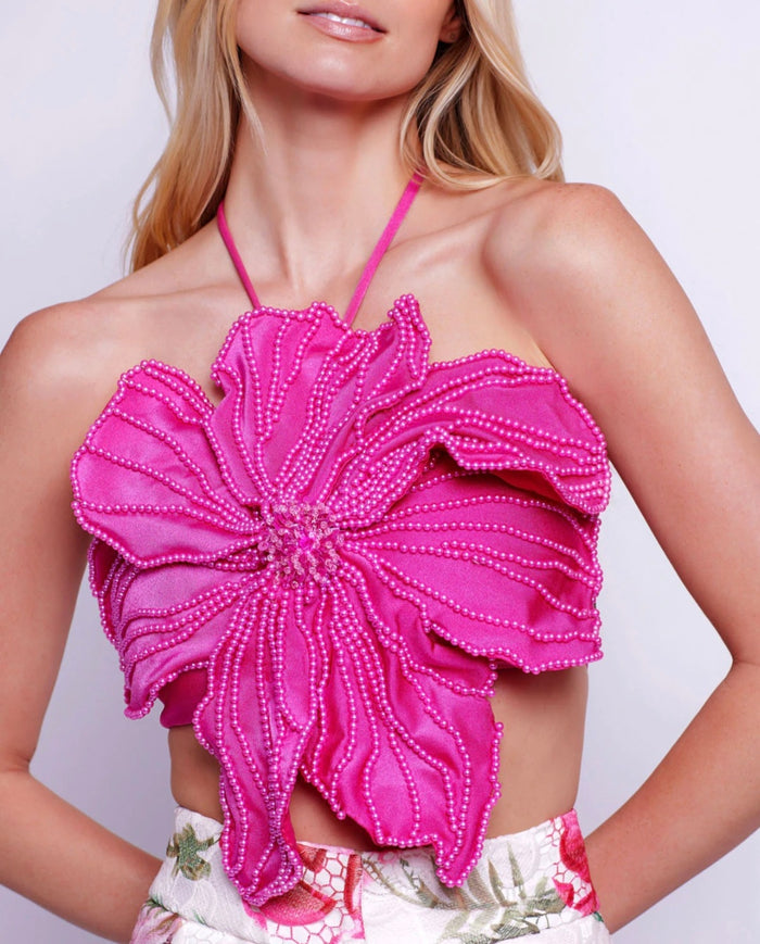Pink Satin 3D Flower Appliqué Top with Pearl Embroidery