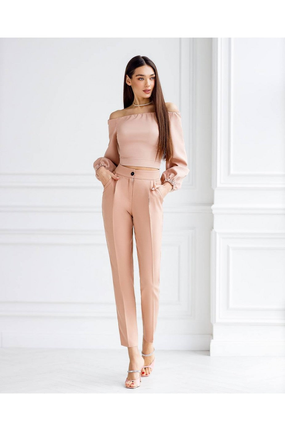 Peach off-shoulder crop top with puff sleeves for women