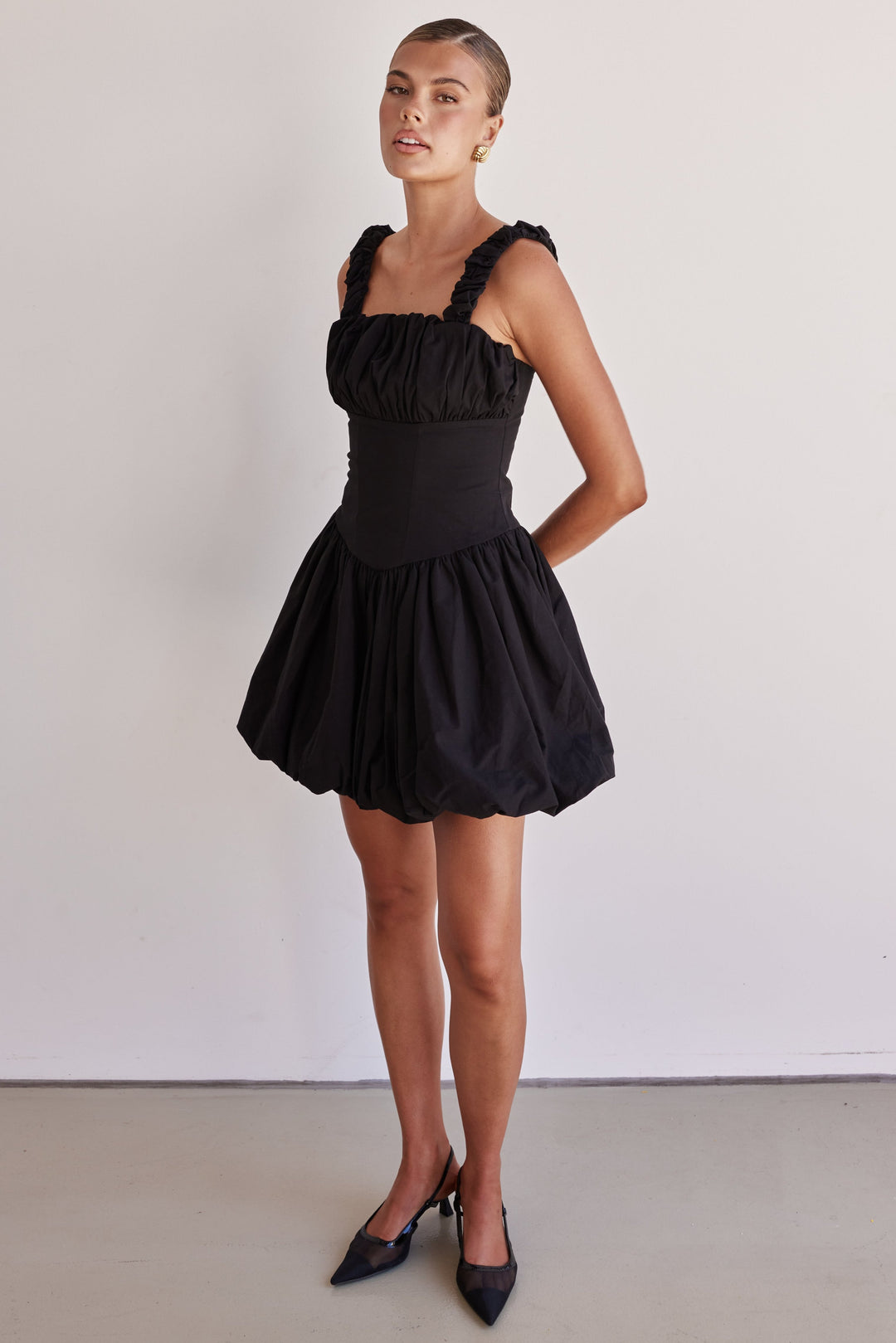 Black cotton poplin bubble mini dress with ruched straps