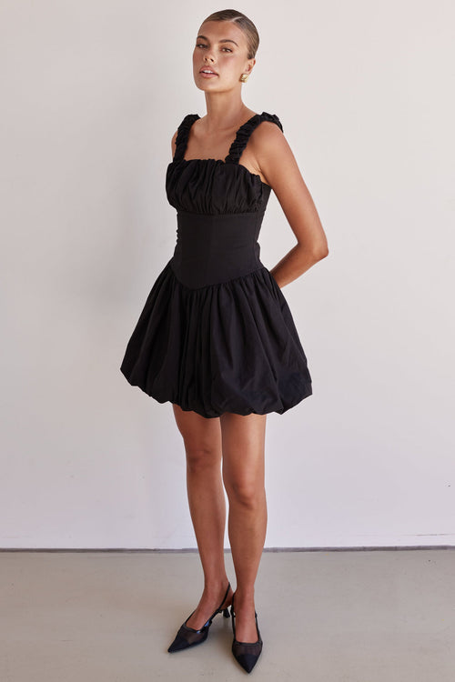 Black cotton poplin bubble mini dress with ruched straps
