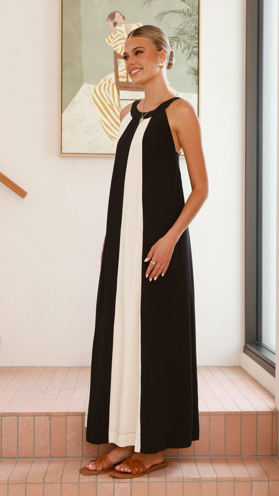 Black and white colorblock linen dress with gathered neckline and wide straps