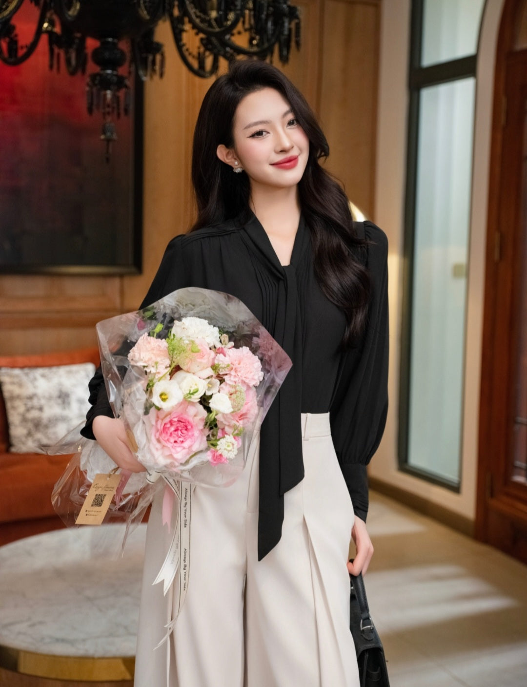 Soft Pleated Scarf Neck Blouse with Vintage Cuff Detail