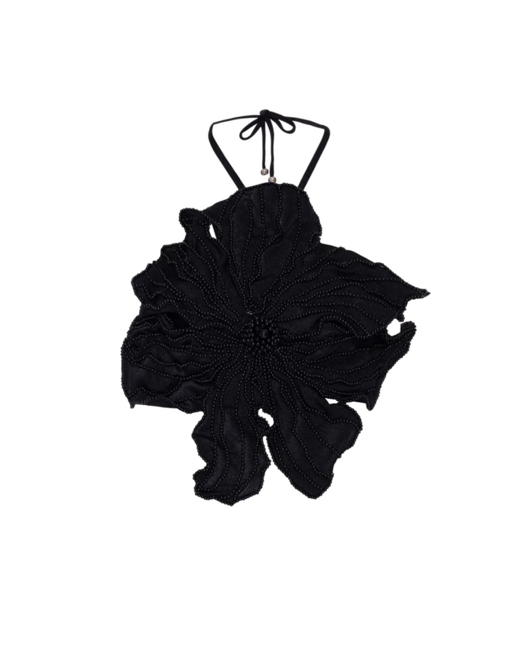 Black Satin 3D Flower Appliqué Top with Pearl Embroidery