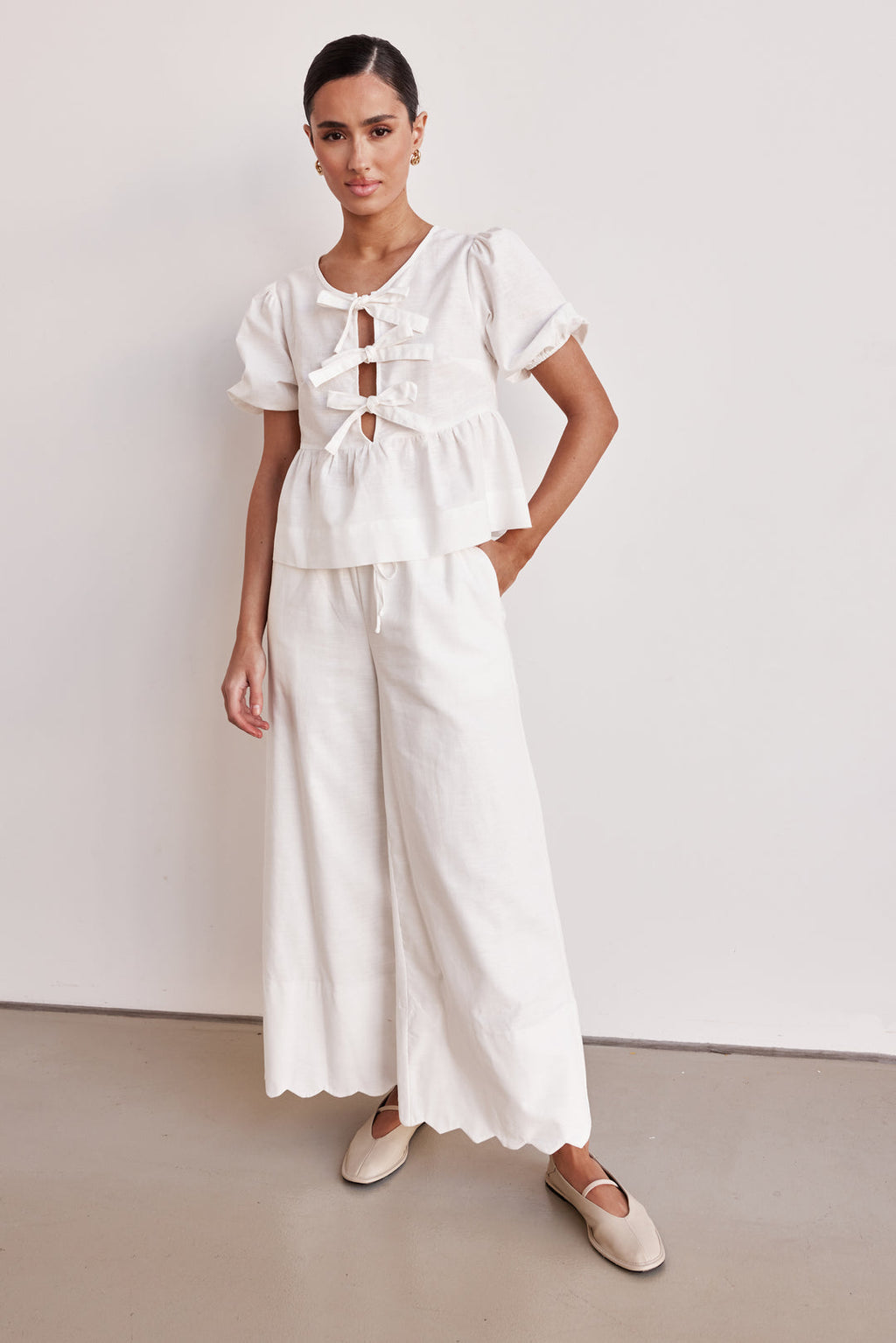 Co Ord Set - White Linen Two-Piece Peplum Top & Plazo for Women