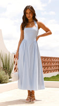 Powder blue linen midi dress with halter neckline, flared skirt, and smocked back