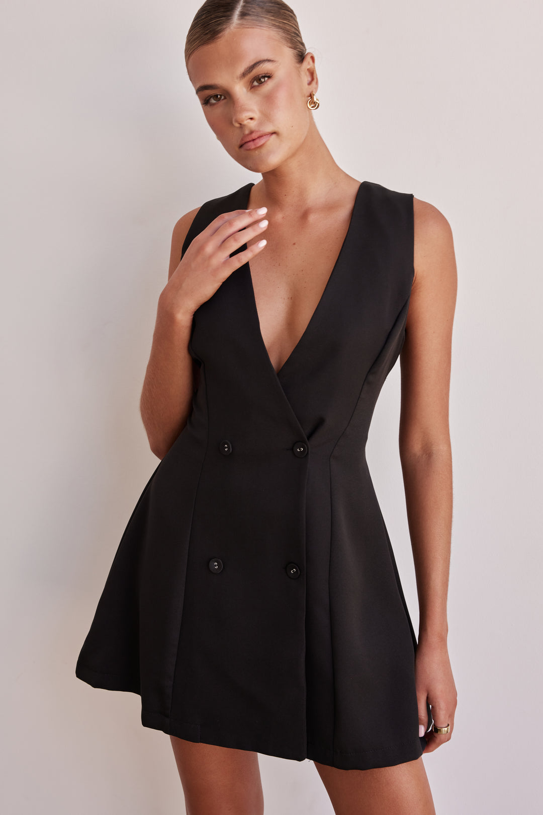 Black Dress - Double Breasted Mini Black Dress for Women Sleeveless