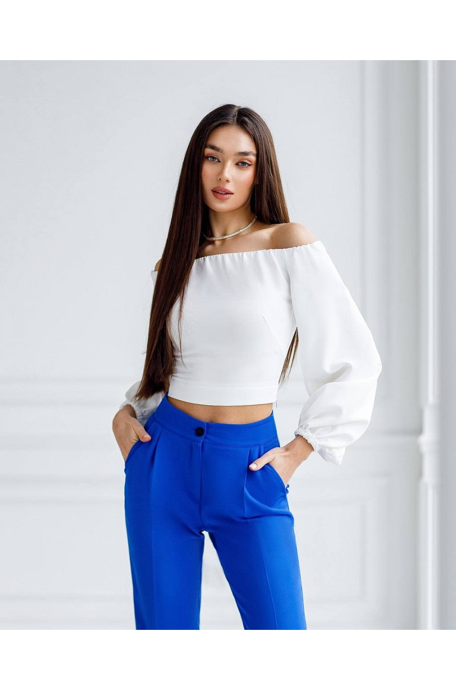 White off-shoulder crop top with puff sleeves for women