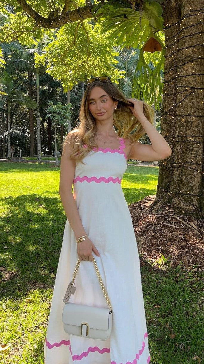 White Maxi Dress with Pink Zigzag Trim