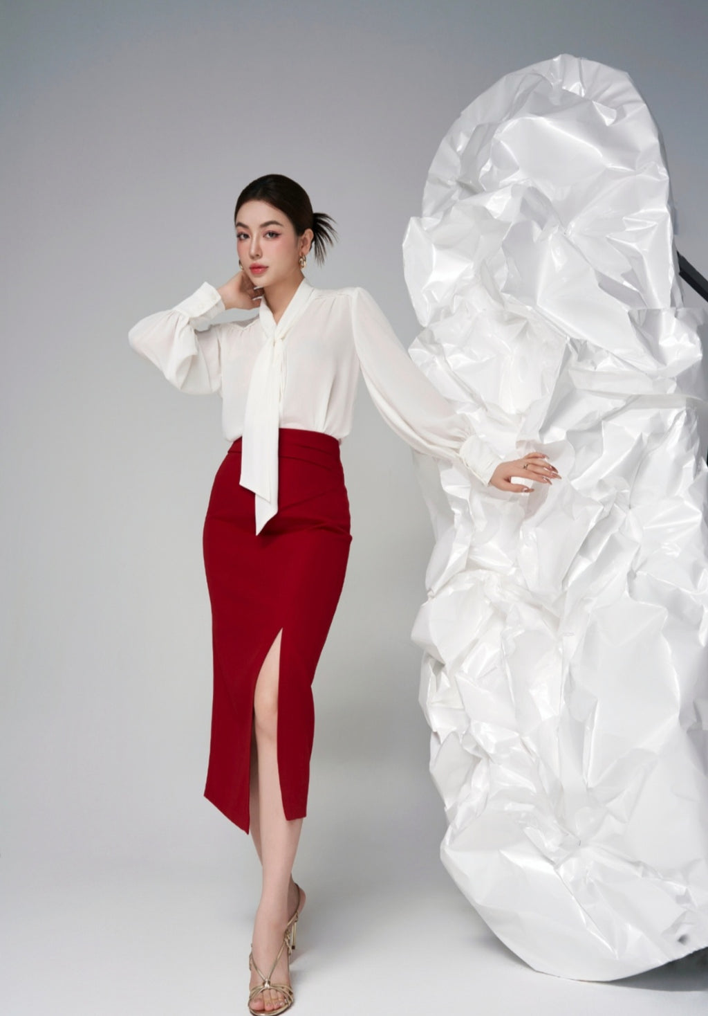 Soft Pleated Scarf Neck Blouse with Vintage Cuff Detail