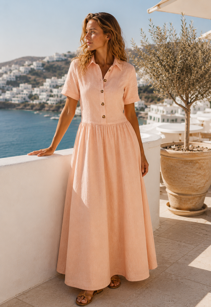 Abito lungo in lino beige lifestyle