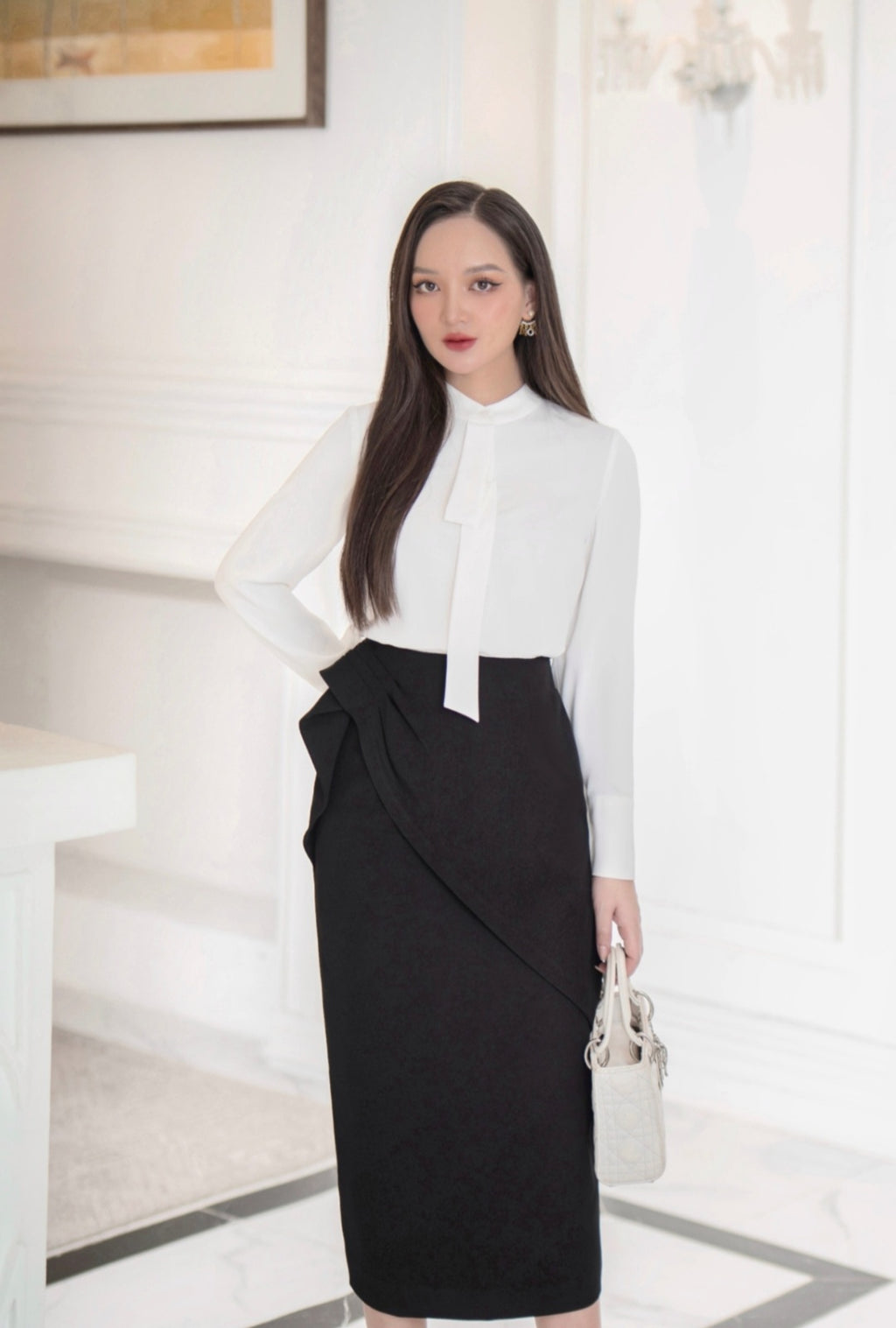 Tie-Neck Statement Blouse with Gathered Cuffs