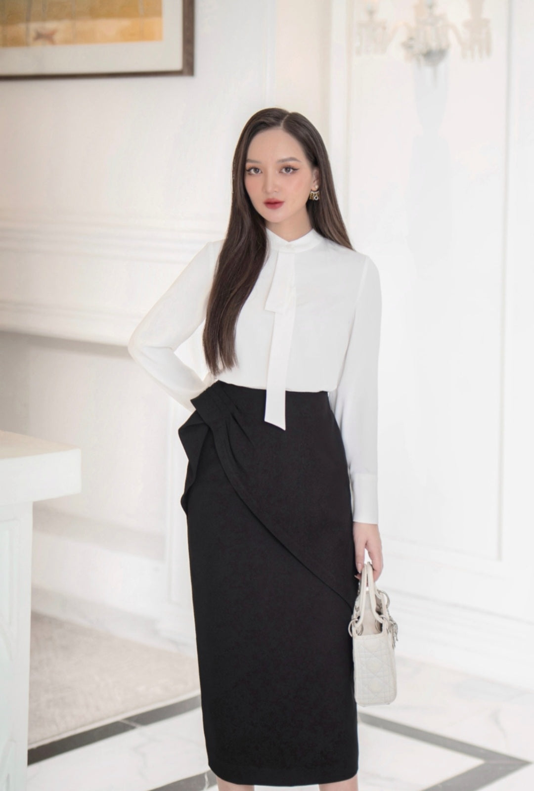 Tie-Neck Statement Blouse with Gathered Cuffs