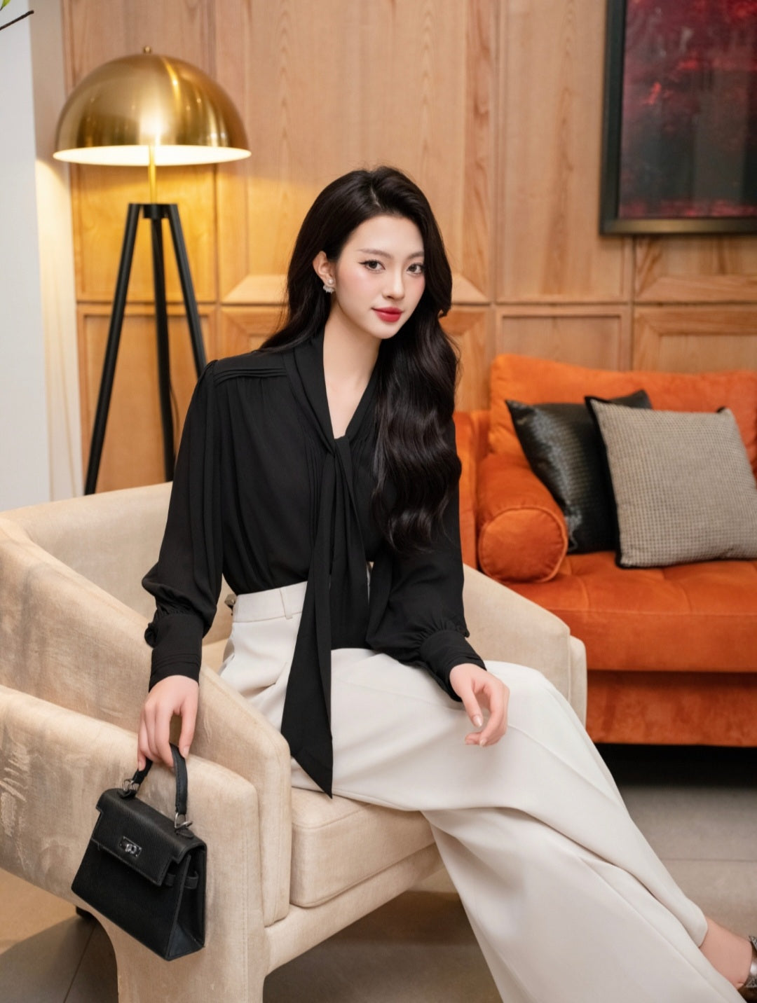 Soft Pleated Scarf Neck Blouse with Vintage Cuff Detail