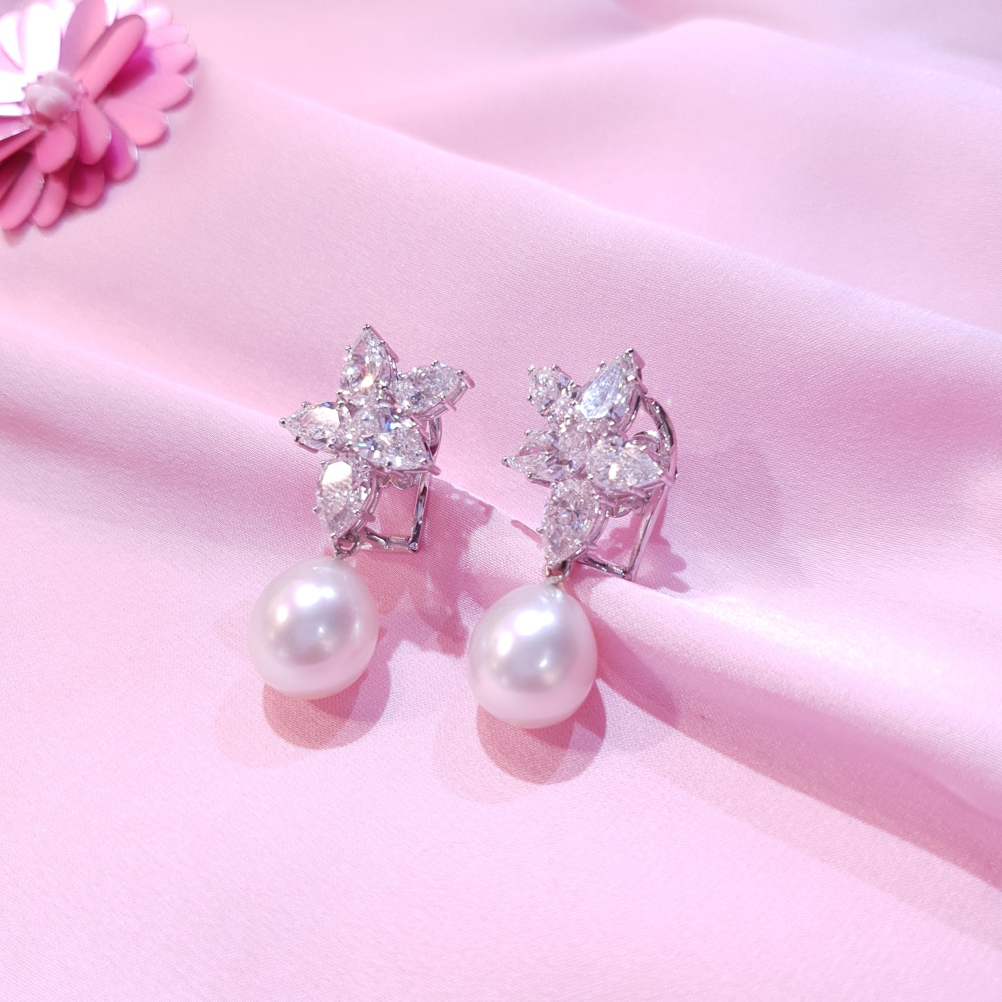 Diamond Earrings with Pearl Drops