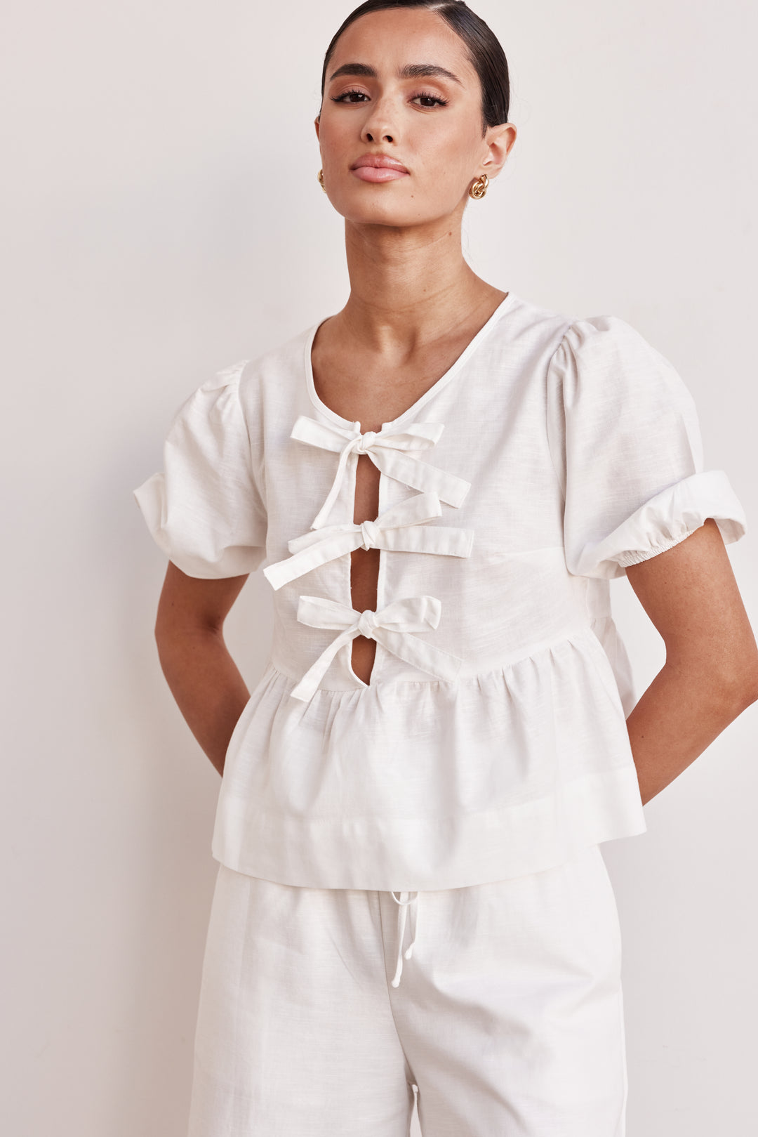 Co Ord Set - White Linen Two-Piece Peplum Top & Plazo for Women