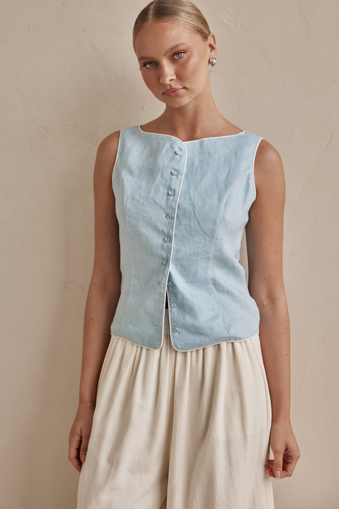 Linen Vest - Sky Blue Sleeveless for Women | Linen Vest Womens