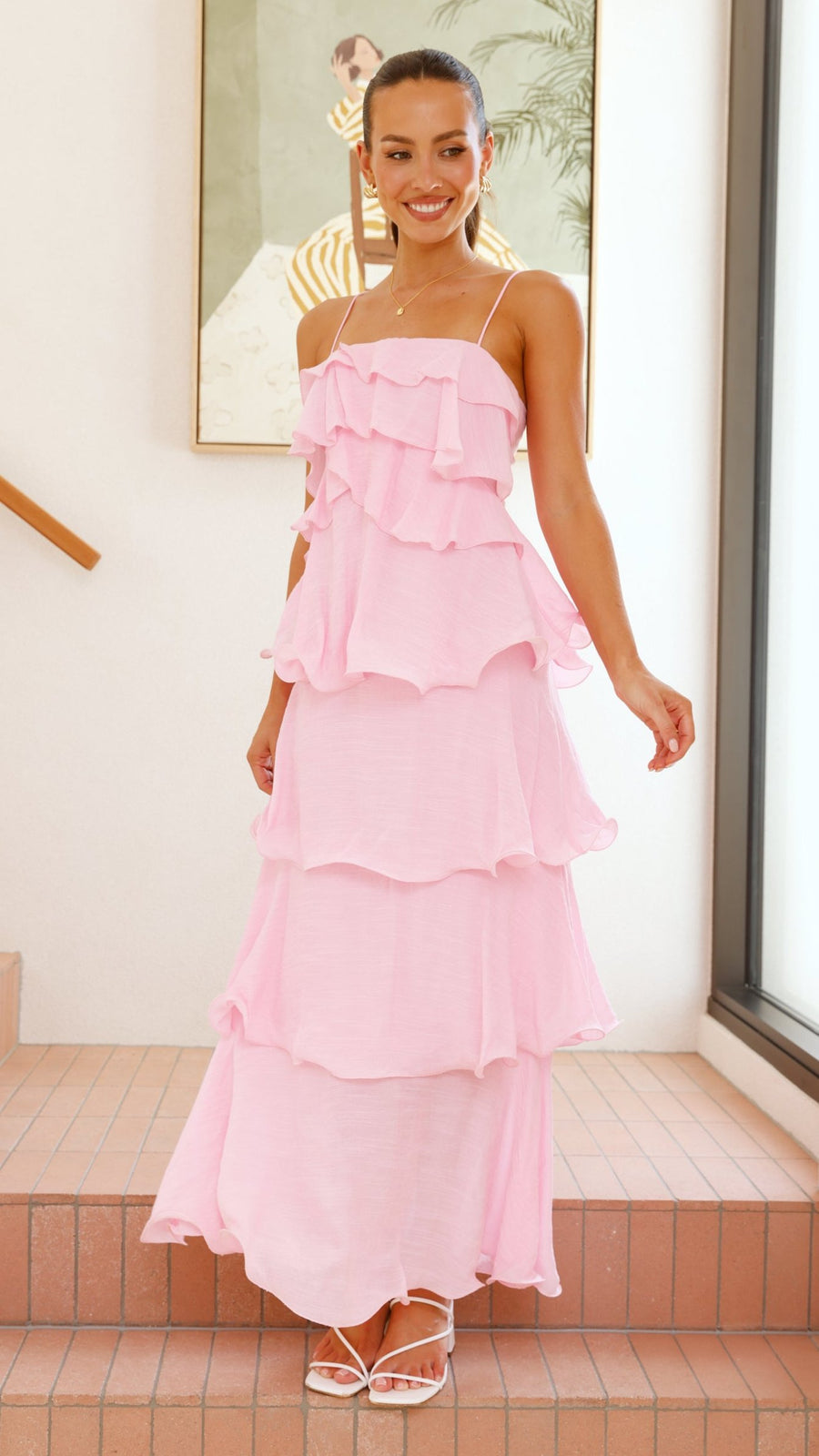 Pink crepe maxi dress with layered ruffles and spaghetti straps