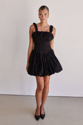 Black cotton poplin bubble mini dress with ruched straps