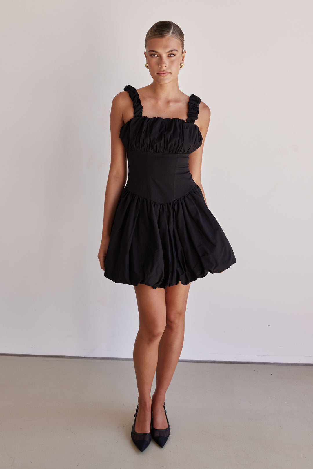 Black cotton poplin bubble mini dress with ruched straps