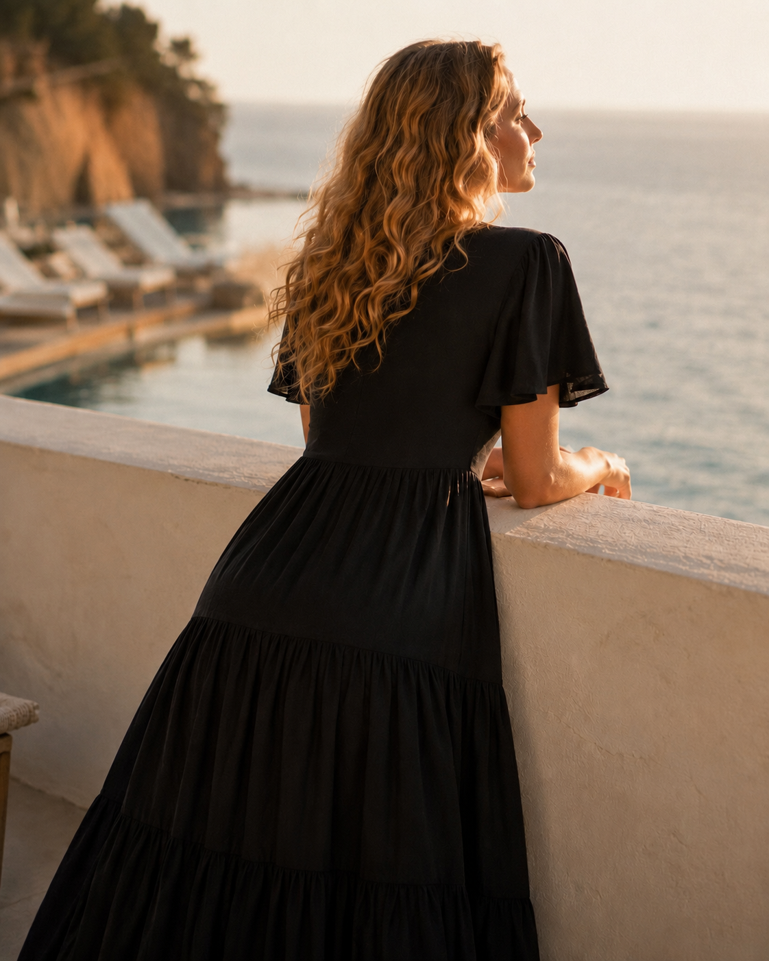 Abito midi in lino nero con bottoni – Abito a strati dalla vestibilità comoda per donna