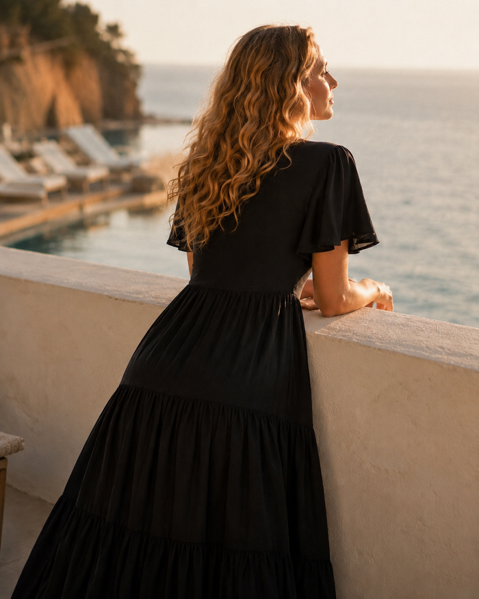 Abito midi in lino nero con bottoni – Abito a strati dalla vestibilità comoda per donna lifestyle