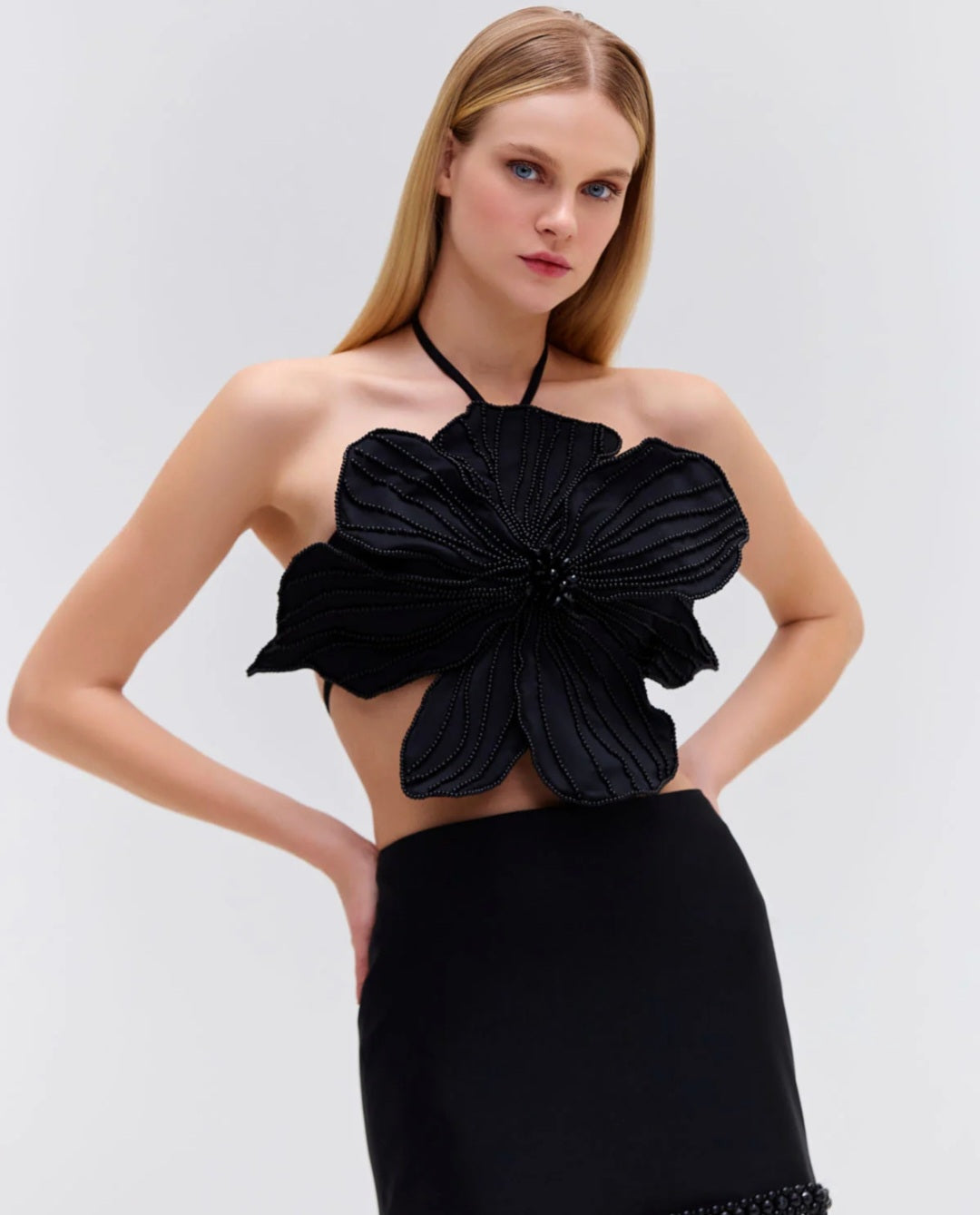 Black Satin 3D Flower Appliqué Top with Pearl Embroidery