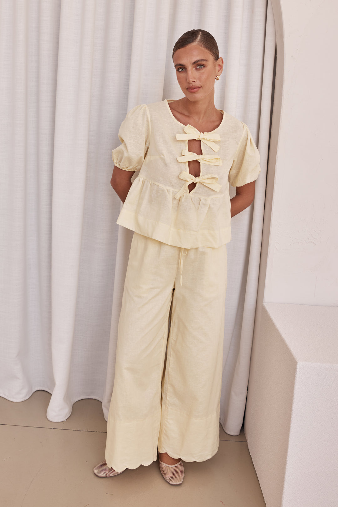 Co Ord Set - White Linen Two-Piece Peplum Top & Plazo for Women