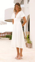 White crepe midi dress with puff sleeves and V-neckline