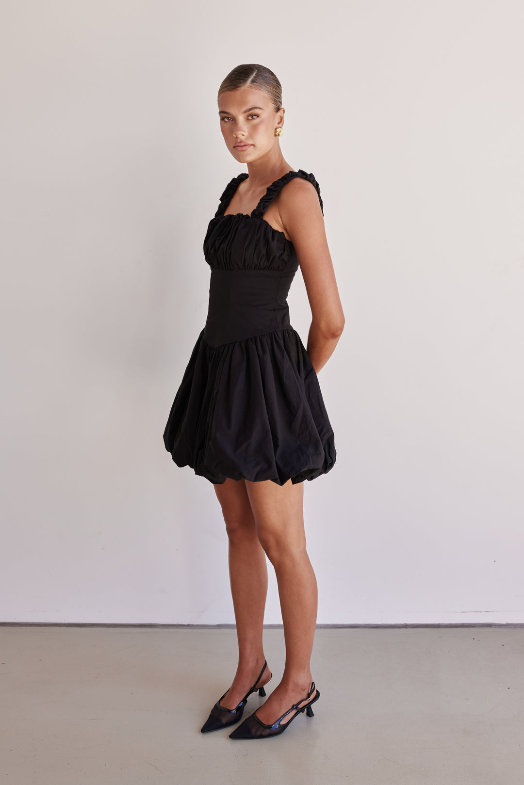 Black cotton poplin bubble mini dress with ruched straps