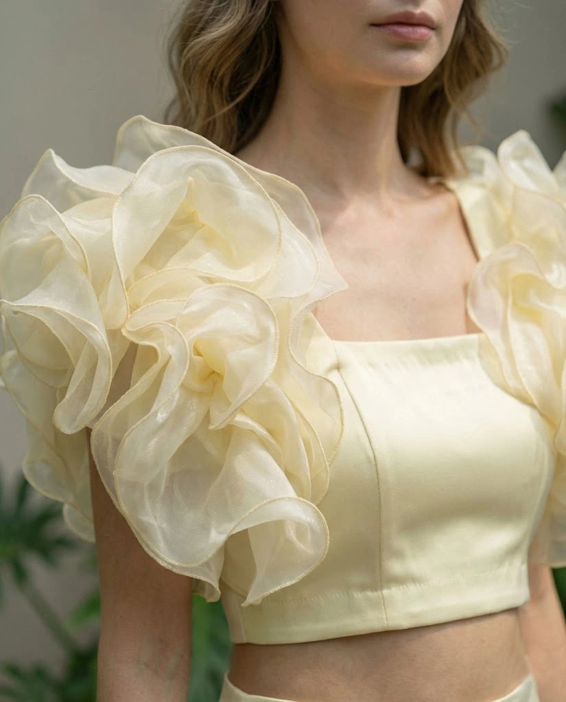 Butter Yellow Ruffle Sleeve Crop Top in Duchess Satin
