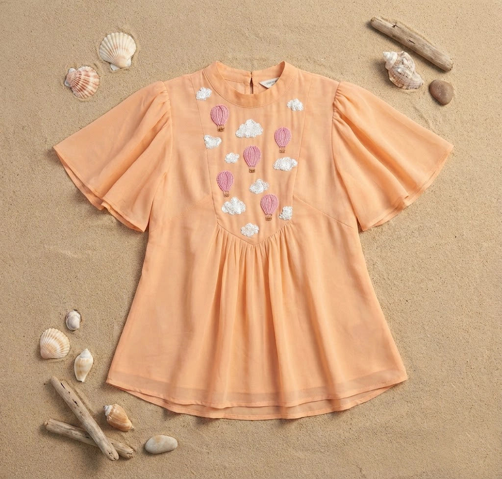 Hot Air Balloon Embroidered Frill Top in Georgette