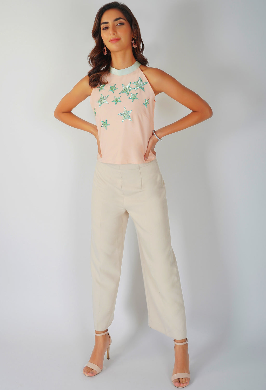 Peach Crop Top | Embroidered Top | Sequin Top | Halter Top