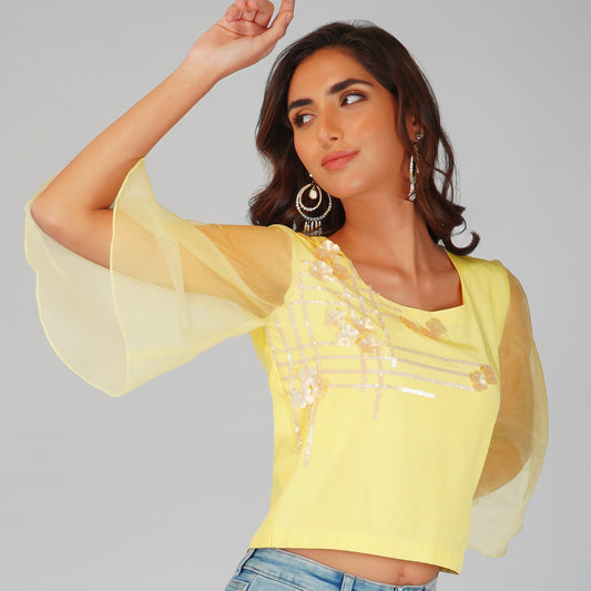 Lemon Yellow Crop Top with Hand Embroidered Sequins Floral Design