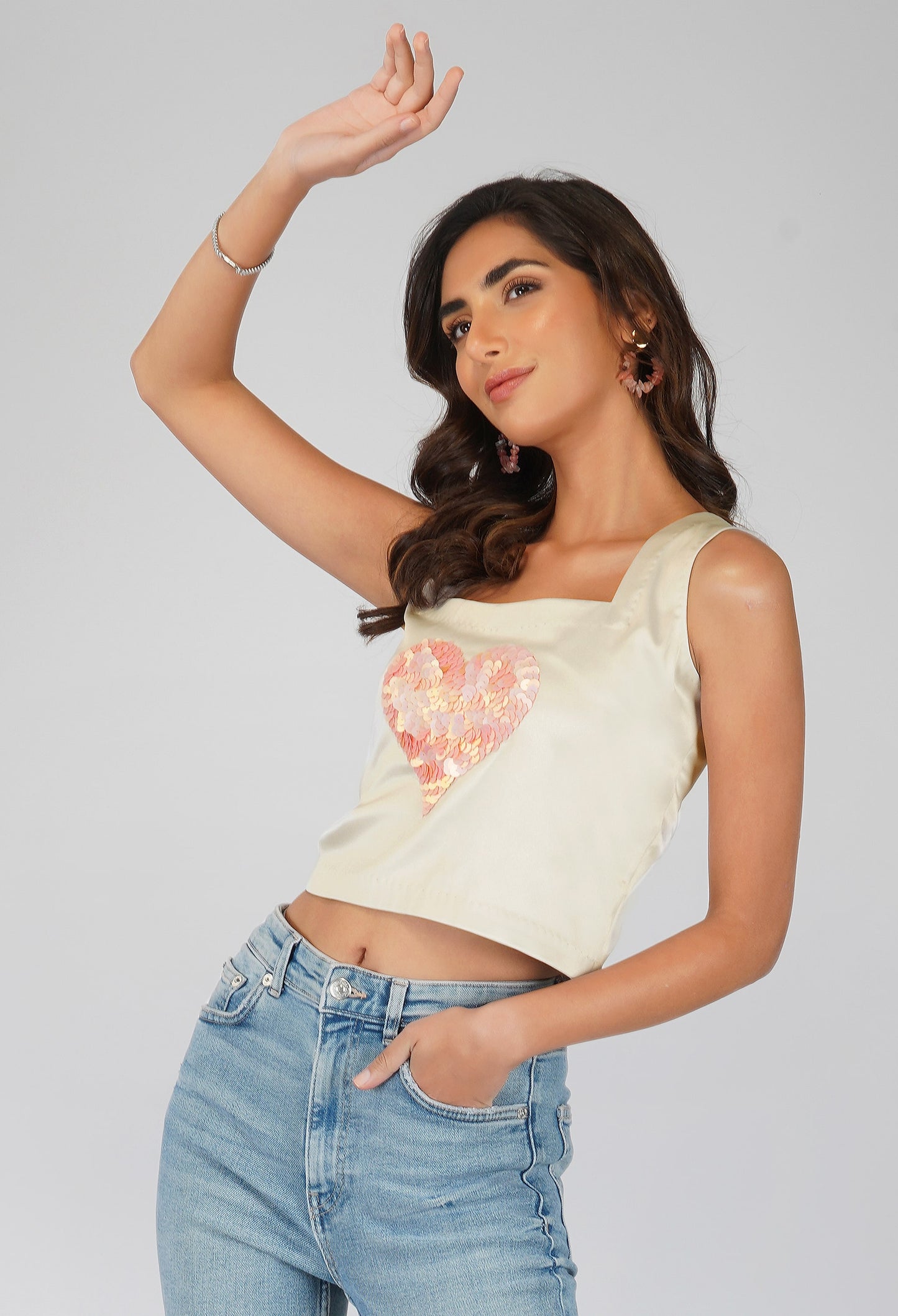 Grey Crop Top | Satin Crop Top | Embroidered Crop Top | Sequin Crop To