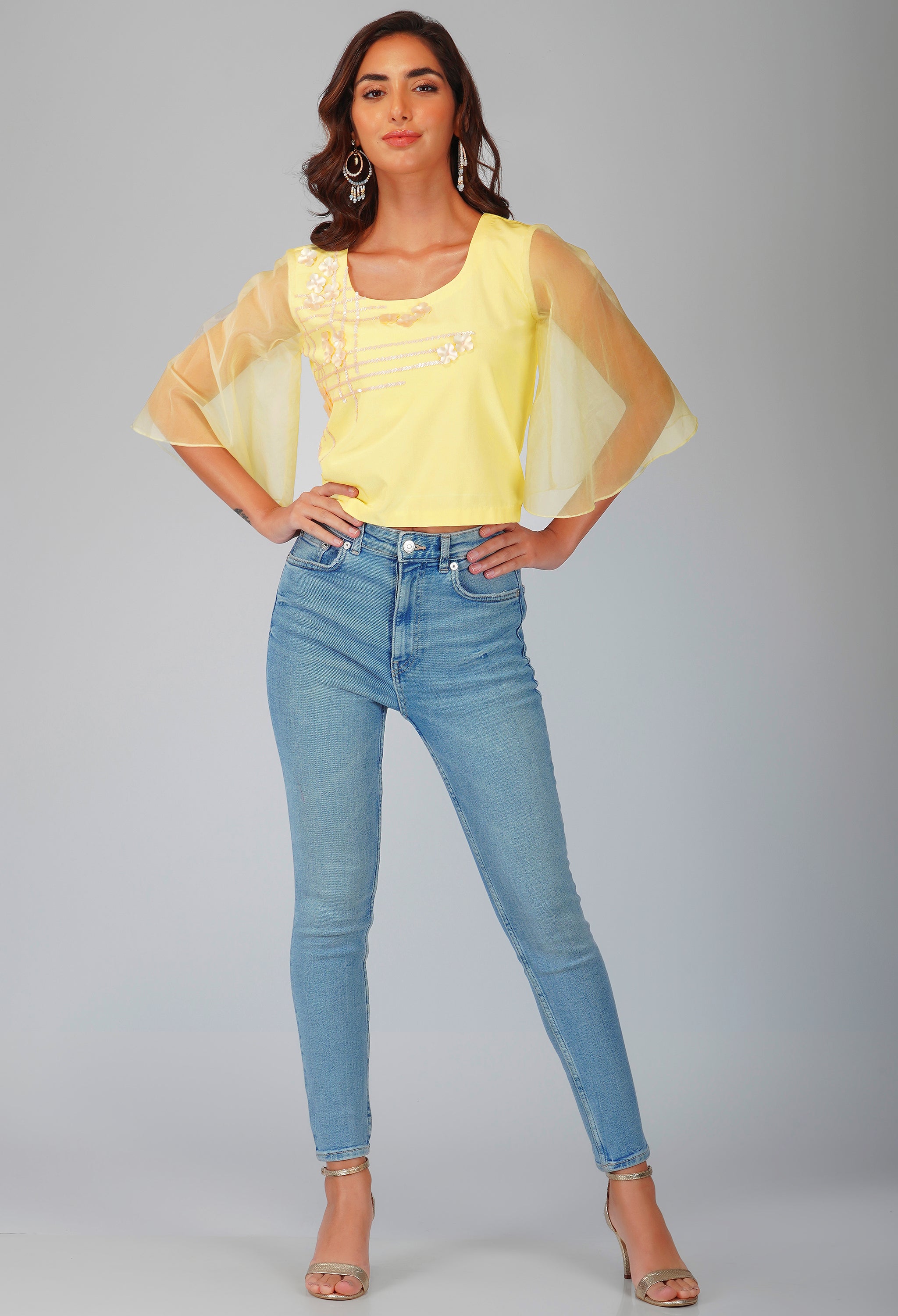 Lemon Yellow Crop Top with Hand Embroidered Sequins Floral Design